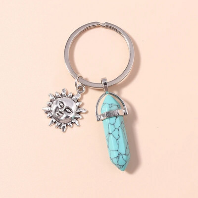 Ethnic Φυσικό Εξαγωνικό Στήλη Πολύτιμος Λίθος Μπρελόκ Χαλαζίας Κρεμαστό Μπρελόκ για Διακόσμηση τσάντα κλειδιού αυτοκινήτου Γούρι Αξεσουάρ κοσμημάτων