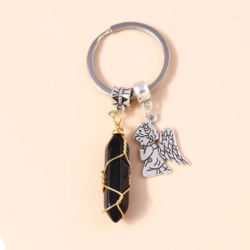 Ethnic Φυσικό Εξαγωνικό Στήλη Πολύτιμος Λίθος Μπρελόκ Χαλαζίας Κρεμαστό Μπρελόκ για Διακόσμηση τσάντα κλειδιού αυτοκινήτου Γούρι Αξεσουάρ κοσμημάτων