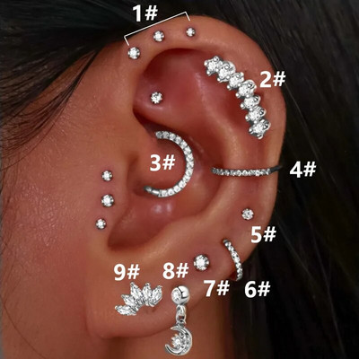 Nerūsējošā tērauda stīpas pīrsings auskars sievietēm cirkons CZ skrimšļa pīrsings Helix Daith gliemene Tragus Rook Lobe auss gredzens rotaslietas