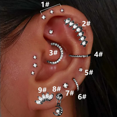 Nerūsējošā tērauda stīpas pīrsings auskars sievietēm cirkons CZ skrimšļa pīrsings Helix Daith gliemene Tragus Rook Lobe auss gredzens rotaslietas