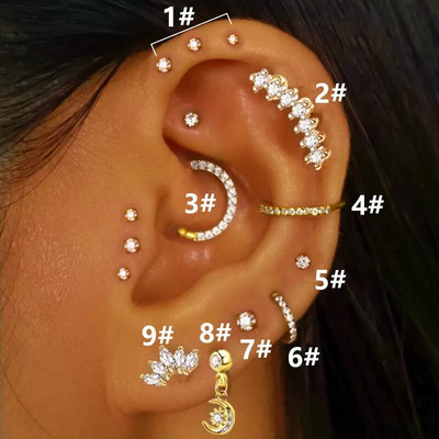 Nerūsējošā tērauda stīpas pīrsings auskars sievietēm cirkons CZ skrimšļa pīrsings Helix Daith gliemene Tragus Rook Lobe auss gredzens rotaslietas