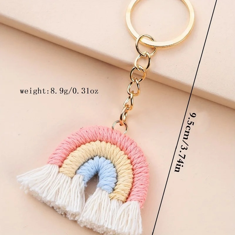 1 ΤΕΜ. Χειροποίητο υφαντό μπρελόκ τριών χρωμάτων ουράνιο τόξο DIY Πλεκτό χαριτωμένο φορητό μπρελόκ με φούντα