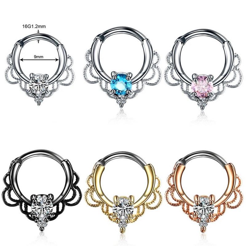 1 ΤΕΜ. Χάλκινα γοτθικά δαχτυλίδια με στεφάνι μύτης Κρυστάλλινα έλικα αυτιού Clicker piercings Daith Rook Nariz Σκουλαρίκια διάφραγμα Piercing κοσμήματα