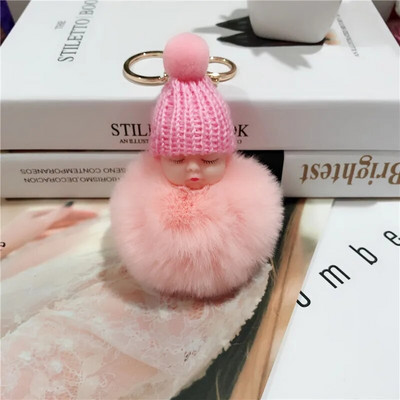 Jauns Pompons miega mazuļa atslēgu piekariņš cute pūkaina plīša lelle Keychains Sieviešu Meiteņu Soma atslēgu piekari Automašīnas Atslēgu piekariņš Rotaslietas Dāvanu porte cl