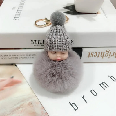 Jauns Pompons miega mazuļa atslēgu piekariņš cute pūkaina plīša lelle Keychains Sieviešu Meiteņu Soma atslēgu piekari Automašīnas Atslēgu piekariņš Rotaslietas Dāvanu porte cl