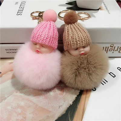 Jauns Pompons miega mazuļa atslēgu piekariņš cute pūkaina plīša lelle Keychains Sieviešu Meiteņu Soma atslēgu piekari Automašīnas Atslēgu piekariņš Rotaslietas Dāvanu porte cl