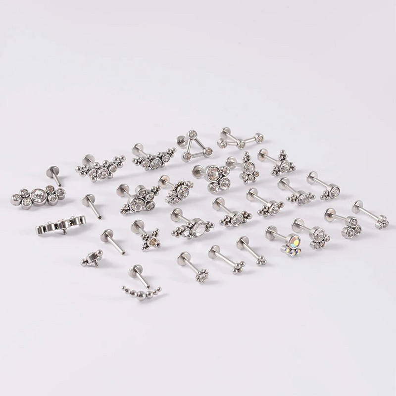 1 τμχ G23 Titanium & Steel Zircon Labret Lip Ring Ear Stud Ear Tragus Cartilage Helix Conch Lobe Piercing Σκουλαρίκια Body Jewelry 16g