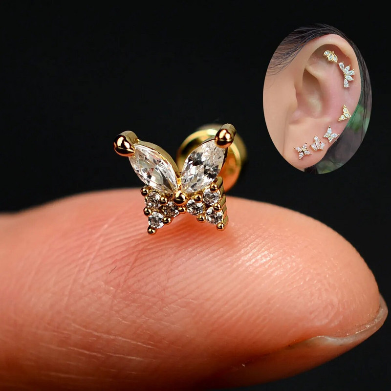 1 τμχ Σκουλαρίκι από ανοξείδωτο ατσάλι για γυναίκες Μίνι χόνδρος επίπεδος διάτρητος κρύσταλλος CZ χόνδρος Tragus Lobe Σκουλαρίκια Σώμα Κοσμήματα