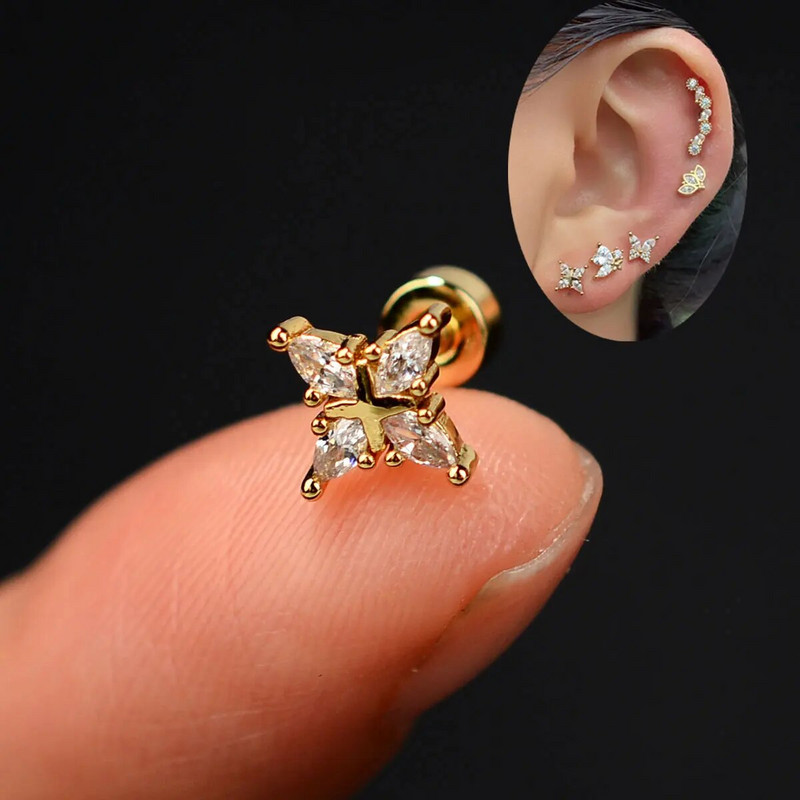 1 τμχ Σκουλαρίκι από ανοξείδωτο ατσάλι για γυναίκες Μίνι χόνδρος επίπεδος διάτρητος κρύσταλλος CZ χόνδρος Tragus Lobe Σκουλαρίκια Σώμα Κοσμήματα