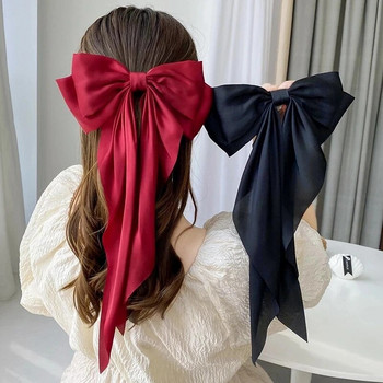 Модна дамска щипка за коса с червен лък възел в корейски стил Дамска дълга панделка щипка за коса с пеперуда Аксесоари за коса