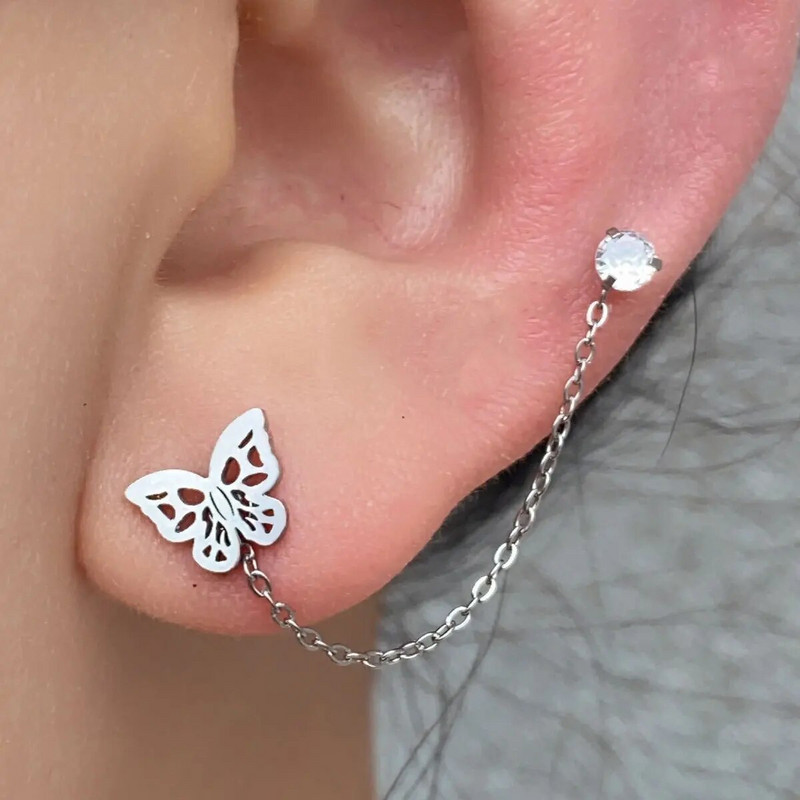 1 gab. Ķirurģiskā tērauda auss Tragus skrimšļa pīrsings cirkons, piekarināms ķēdes auskars gliemene Helix Lobe Stud dubultā pīrsings ķermeņa rotaslietas