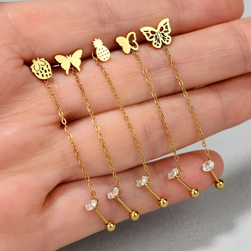 1 gab. Ķirurģiskā tērauda auss Tragus skrimšļa pīrsings cirkons, piekarināms ķēdes auskars gliemene Helix Lobe Stud dubultā pīrsings ķermeņa rotaslietas