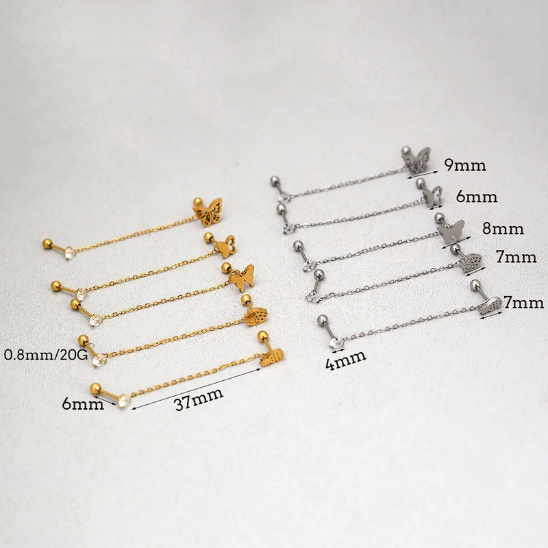 1 gab. Ķirurģiskā tērauda auss Tragus skrimšļa pīrsings cirkons, piekarināms ķēdes auskars gliemene Helix Lobe Stud dubultā pīrsings ķermeņa rotaslietas