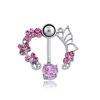 1 ΤΕΜ Boho Pink Zircon Belly Button Rings Dangle Heart Butterfly Navel Piercing Surgical Steel Belly Bar Body Piercing Jewelry