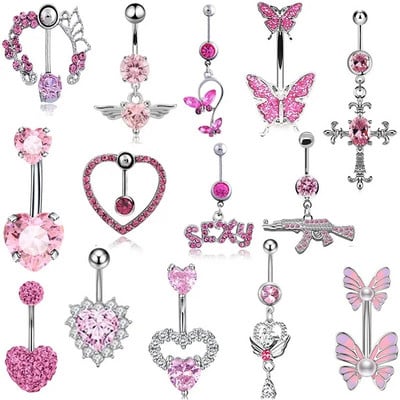 1 ΤΕΜ Boho Pink Zircon Belly Button Rings Dangle Heart Butterfly Navel Piercing Surgical Steel Belly Bar Body Piercing Jewelry