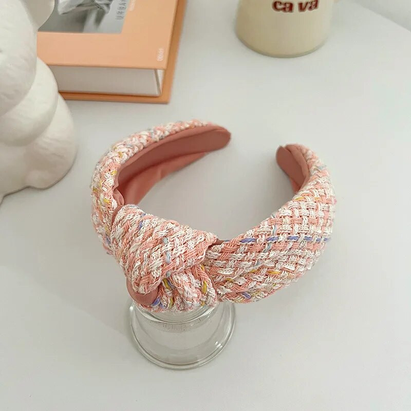 Rozā vilnas režģa mezgla matu lente galvas saite pieaugušajiem matu aksesuāri Hair Jewley