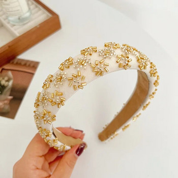 Χρυσές χάντρες Bohemian Knitting Flower Handmade Knot Hairband Headband Αξεσουάρ μαλλιών για ενήλικες Hair Jewley