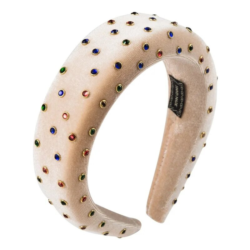 Retro Rhinestone biezināts sūklis Zelta samta audums ar platām malām galvas saite Meitene spīdīga bankets Catwalk Modes matu aksesuāri