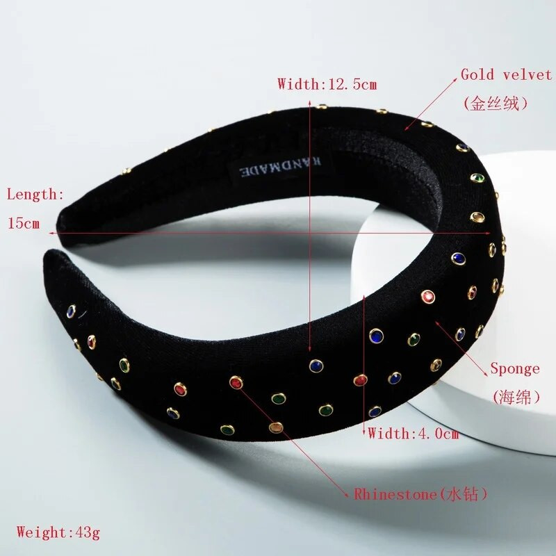 Retro Rhinestone biezināts sūklis Zelta samta audums ar platām malām galvas saite Meitene spīdīga bankets Catwalk Modes matu aksesuāri