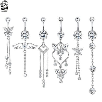 Zircon Crystal Belly Button Ring Dangle Wing Piercing Nombril Ombligo Surgical Steel Barbell Heart Round Navel Stud Body Jewelry