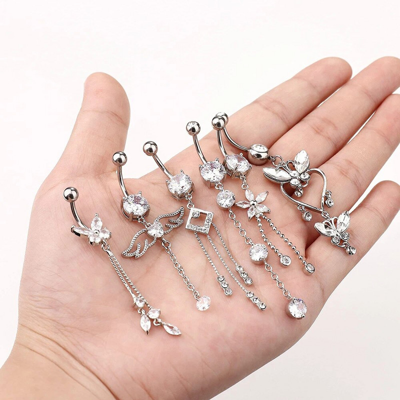 Cirkona kristāla nabas gredzens, karājas spārna pīrsings Nombril Ombligo ķirurģiskais tērauda stienis sirds apaļa naba, ķermeņa rotaslietas