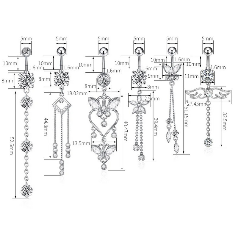 Cirkona kristāla nabas gredzens, karājas spārna pīrsings Nombril Ombligo ķirurģiskais tērauda stienis sirds apaļa naba, ķermeņa rotaslietas