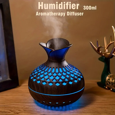 Vază din lemn de 300 ml lumină colorată Umidificator cu ceață rece Difuzor de ulei de aromoterapie Mini umidificator de aer usb