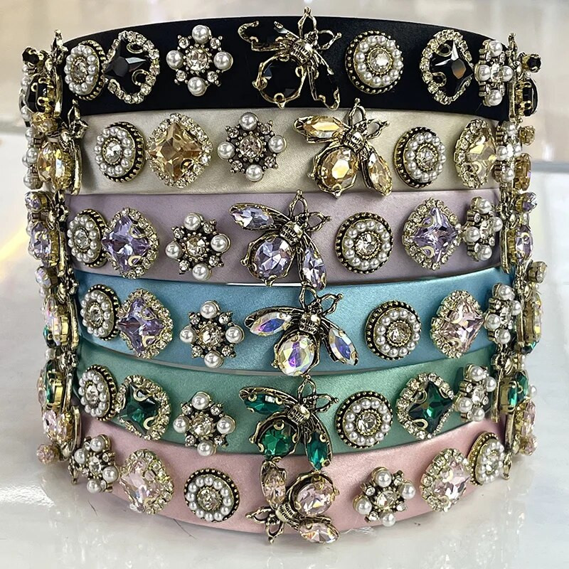 Μπαρόκ Rhinestone Glass Stone Bee Handmade Headbands Hairbands for Women Girls Hair Accessories