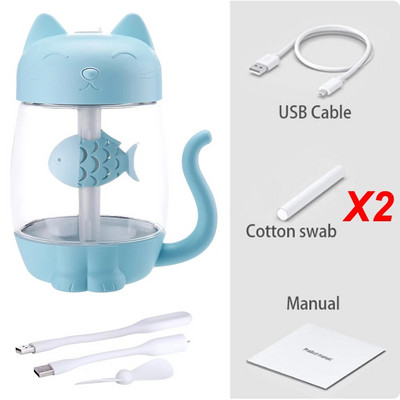 Toolikee 350ml 3in1 USB õhuniisutaja Cat Mini kaasaskantav ultraheliga Lovely Kitty õhuniisutaja ventilaatori ja öövalguse aroomihajutiga