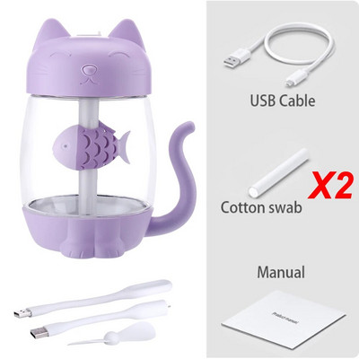 Toolikee 350ml 3in1 USB õhuniisutaja Cat Mini kaasaskantav ultraheliga Lovely Kitty õhuniisutaja ventilaatori ja öövalguse aroomihajutiga