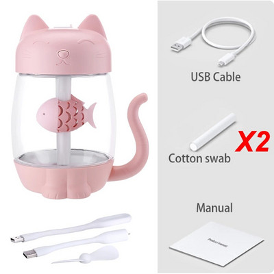 Toolikee 350ml 3in1 USB õhuniisutaja Cat Mini kaasaskantav ultraheliga Lovely Kitty õhuniisutaja ventilaatori ja öövalguse aroomihajutiga