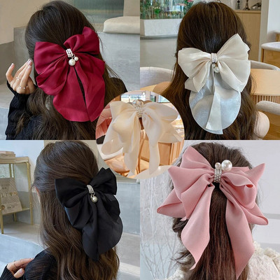 Agrafă de păr cu fundă din țesătură din organza din satin de culoare solidă coreeană mare pentru femei, fete, panglă cu fundă din șifon, accesorii de păr pentru coadă de cal