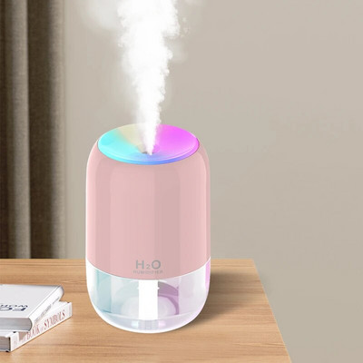 Pārnēsājams USB Cool Mist smidzinātājs 300 ml pārnēsājams elektriskais gaisa mitrinātājs aromātiskās eļļas difuzors ar krāsainu nakts gaismu mājas automašīnai