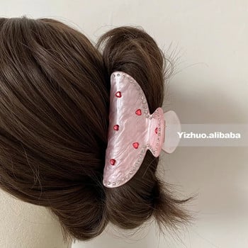 Корейски сладко розови щипки за коса със сърце със страз за жени Kawaii модни ретро щипки за коса Аксесоари за коса от ацетат Бижута Подаръци