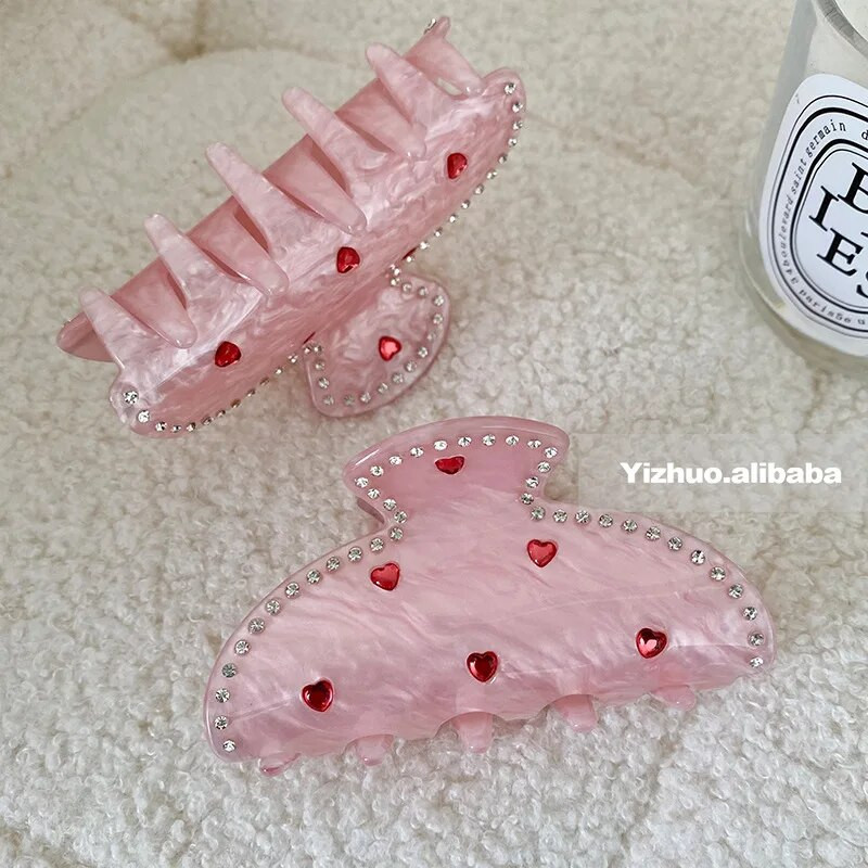 Korejiešu saldi rozā Rhinestone sirds matu sprādzes sievietēm Kawaii Fashion Retro matu sprādzes Acetāta matu aksesuāri Rotaslietas Dāvanas