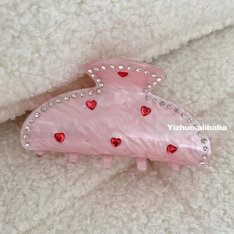 Korejiešu saldi rozā Rhinestone sirds matu sprādzes sievietēm Kawaii Fashion Retro matu sprādzes Acetāta matu aksesuāri Rotaslietas Dāvanas