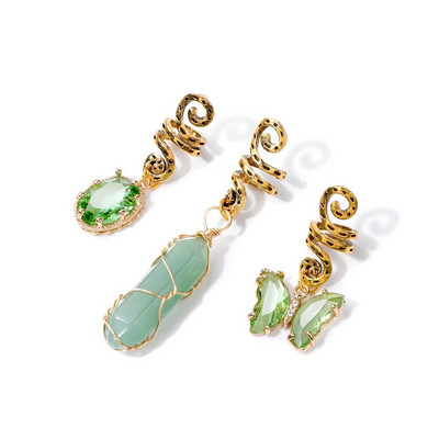 Green Crystal Aventurines Drugelis šešiakampė prizmė apvalios formos plaukų segtukas 3 vnt / rinkinys galvos apdangalai Moteriški gydomieji Reiki plaukų aksesuarai