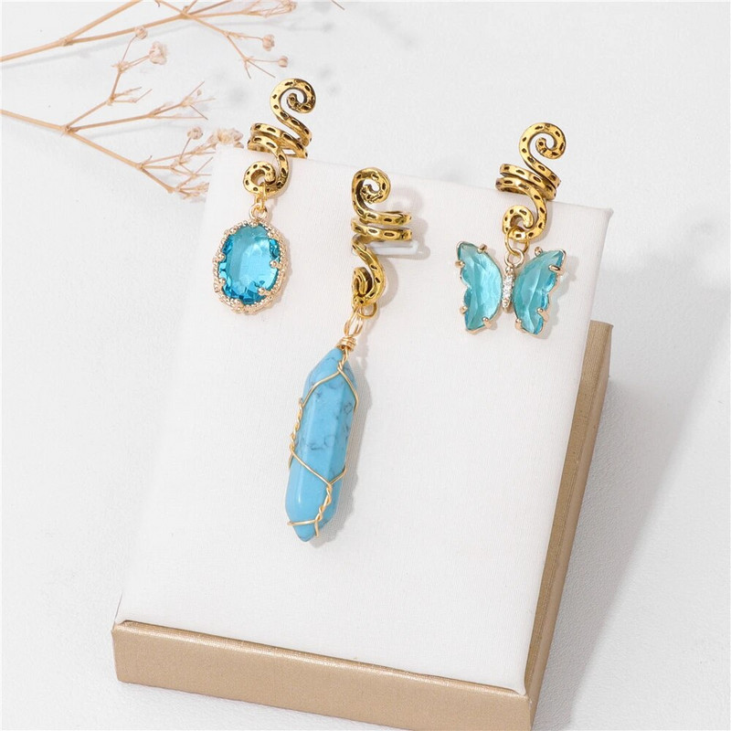 Πράσινο κρύσταλλο Aventurines πεταλούδα Εξαγωνικό πρίσμα Στρογγυλό Σχήμα Κλιπ μαλλιών 3 τμχ/Σετ Καπέλα Γυναικεία Healing Reiki Hair Accessories