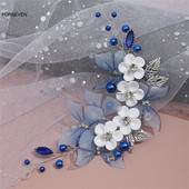 Blue Butterfly Galvassaites Līgavas Kāzu Baltu Ziedu Matu Lentes Pērļu Galvassegas Rhinestone Matu sprādzes Matu Rotaslietas Rotājumi