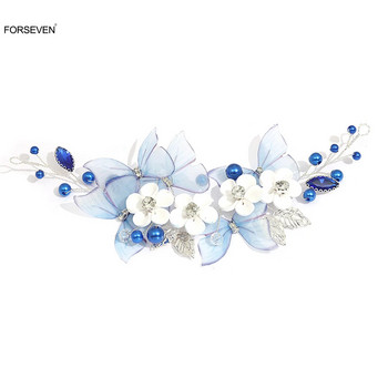 Μπλε πεταλούδα κεφαλόδεσμοι για γάμο νύφη Λευκό λουλούδι Κορδέλες μαργαριταριών φουρκέτες με στρας κοσμήματα στα μαλλιά