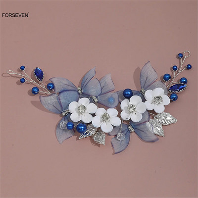 Blue Butterfly Galvassaites Līgavas Kāzu Baltu Ziedu Matu Lentes Pērļu Galvassegas Rhinestone Matu sprādzes Matu Rotaslietas Rotājumi