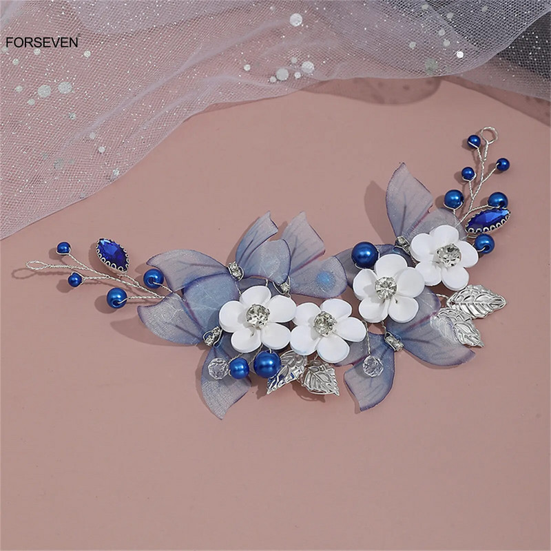 Blue Butterfly Galvassaites Līgavas Kāzu Baltu Ziedu Matu Lentes Pērļu Galvassegas Rhinestone Matu sprādzes Matu Rotaslietas Rotājumi