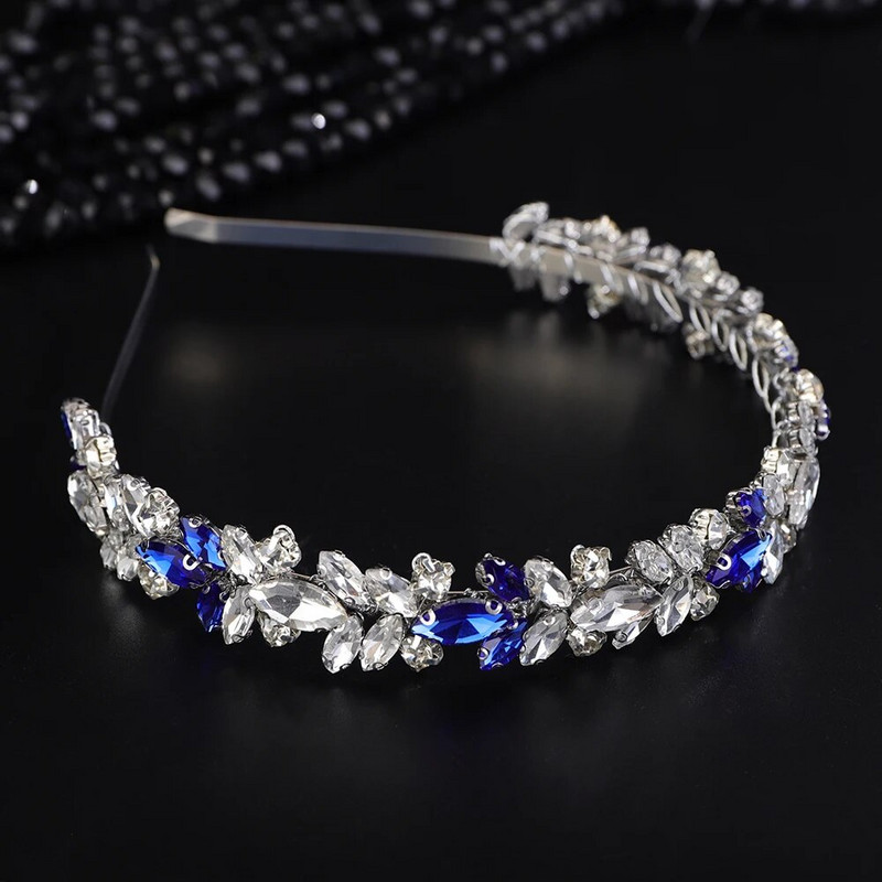 Moderna Rhinstone līgavas kroņa galvas saite sudraba zila kāzu matu aksesuāri rotaslietas ar rokām darinātas ballīšu galvassegas tiāras sievietēm