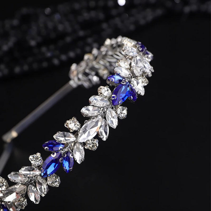 Moderna Rhinstone līgavas kroņa galvas saite sudraba zila kāzu matu aksesuāri rotaslietas ar rokām darinātas ballīšu galvassegas tiāras sievietēm