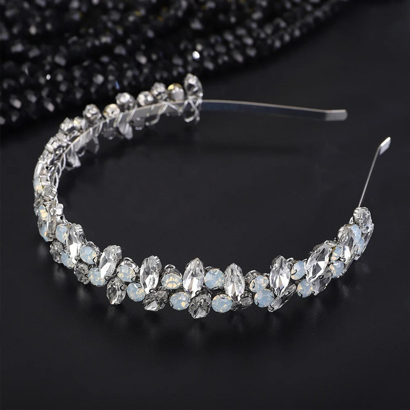 Moderna Rhinestone kāzu kroņa galvas saite sudraba opāls roku darbs kāzu matu aksesuāri rotaslietas zilas sieviešu ballīšu galvassegas tiāras