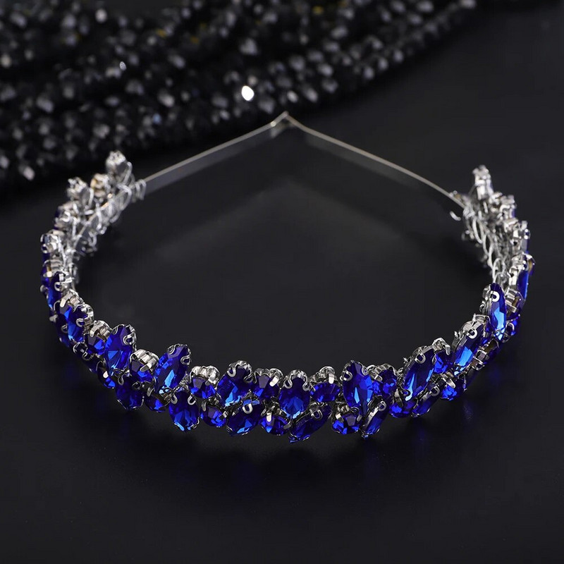 Moderna Rhinestone kāzu kroņa galvas saite sudraba opāls roku darbs kāzu matu aksesuāri rotaslietas zilas sieviešu ballīšu galvassegas tiāras