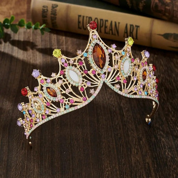 Метална барокова корона, темперамент, лъскава многоцветна тиара на принцеса, булчинска коса, диадема, шапки, аксесоари за рокля с корона от кристали