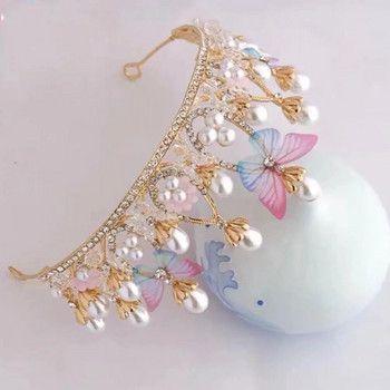 Princess Crown for Girls Butterfly Tiaras Crystal Crown Wedding Flower Girl Headband Pearl Crystal Tiara