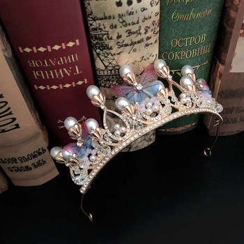 Princess Crown for Girls Butterfly Tiaras Crystal Crown Wedding Flower Girl Headband Pearl Crystal Tiara