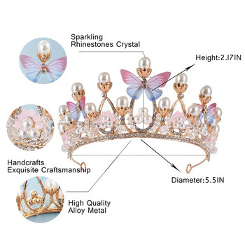 Корона на принцеса за момичета Диадеми с пеперуди Рожден ден Кристална корона Сватба Цвете Момиче лента за глава Перлена кристална диадема
